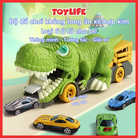 Bộ đồ chơi khủng long ăn xe hợp kim loại 6 ô tô cho bé đồ chơi khủng long bạo chúa nuốt chửng xe gara ô tô TOYLIFE