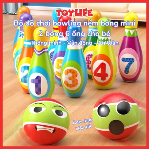Bộ đồ chơi bowling ném bóng mini 2 bóng 6 ống cho bé trò chơi boling lăn bóng vận động an toàn cho trẻ TOYLIFE