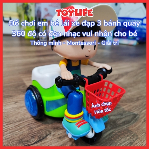 Đồ chơi em bé lái xe đạp 3 bánh quay 360 độ có đèn nhạc vui nhộn cho bé đồ chơi shipper bé trai đi xe xích lô biểu diễn