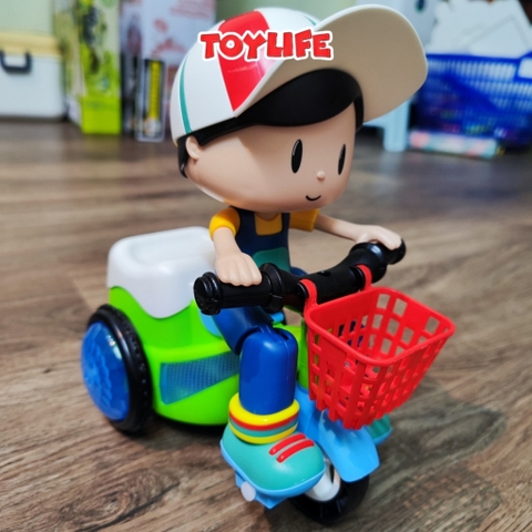 Đồ chơi em bé lái xe đạp 3 bánh quay 360 độ có đèn nhạc vui nhộn cho bé đồ chơi shipper bé trai đi xe xích lô biểu diễn
