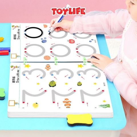 Bộ tập tô vẽ thông minh xóa được 64 trang tặng kèm 6 bút màu sách tập viết theo nét học liệu montessori cho bé
