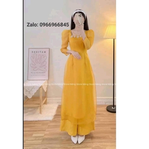 Áo dài vàng 4 tà cổ vuông tay phồng cách điệu - Áo Dài Đan Linh