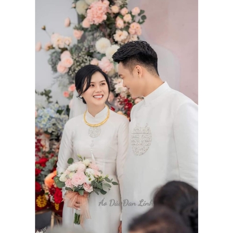 {Tặng mấn} Cặp áo dài cưới song hỷ màu trắng sang trọng, áo dài cô dâu chú rể hiện đại - Áo Dài Đan Linh