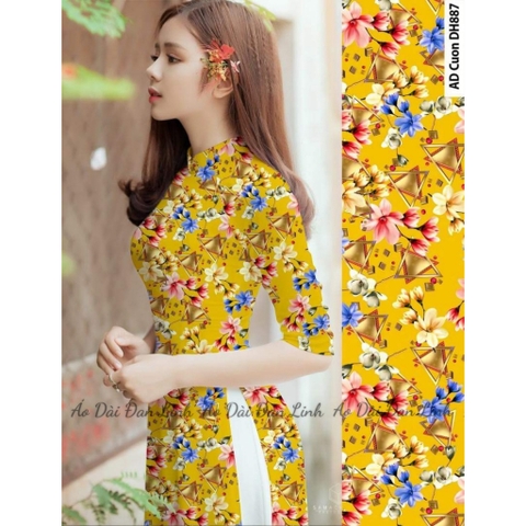 {NH887V} Áo dài hoa nhí màu vàng - Áo Dài Đan Linh