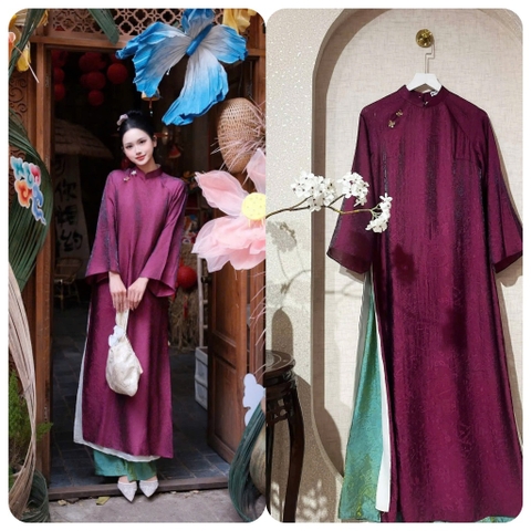 Áo dài màu tímsuông 4 tà vải tằm nha xá cao cấp - Áo Dài Linh Đan