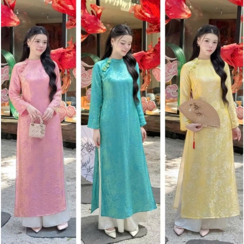 Đủ màu áo dài suông lụa tằm nha xá cao cấp đính hoa sứ trẻ trung - Áo Dài Linh Đan