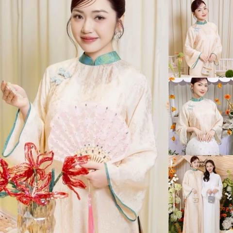 Áo dài suông 4 tà màu trắng phối cổ trẻ trung sang trọng vải lụa tằm cao cấp - Áo Dài Linh Đan