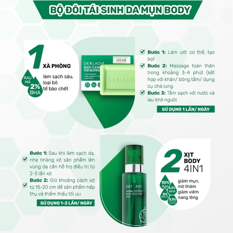 Bộ Đôi Giảm Mụn, Mờ Thâm Body Derladie Herbal Extract Body 150Ml, Xà Phòng Derladie Body Cleansing Bar 50g