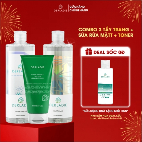 Bộ 3 sản phẩm Tẩy trang Derladie 500ml, Toner Derladie Natural Witch Hazel 500ml, Sữa Rửa Mặt Tràm Trà Derladie 150ml