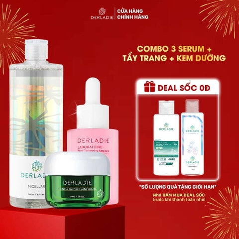 Bộ sản phẩm Tẩy trang, Serum, Kem dưỡng Derladie làm sạch, giảm mụn, thu nhỏ LCL dành cho da dầu mụn