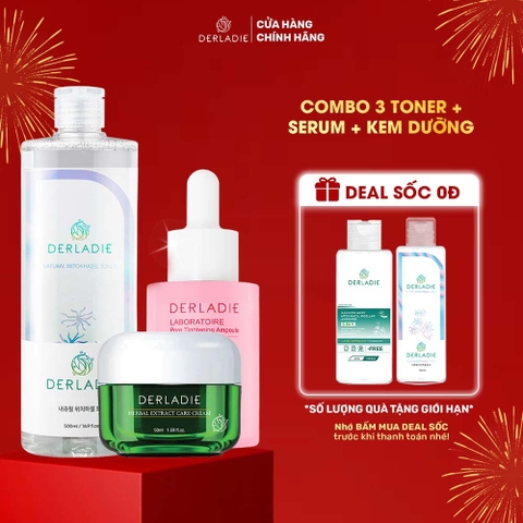 Bộ sản phẩm Toner, Serum, Kem dưỡng Derladie giảm mụn, thu nhỏ lỗ chân lông cho da dầu mụn