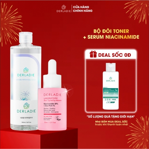 Bộ Đôi Toner Derladie 500ml, Serum Derladie Laboratoire Pore Tightening Ampoule Niacinamide 20% + Zic PCA 1% 30