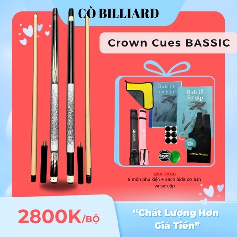 Cơ bida lỗ Crown Cues Bassic 01,02,03( tặng kèm 9 món pk và sách bida cơ bản + SƠ CẤP ) ( độc quyền tại CÒ BILLIARD )
