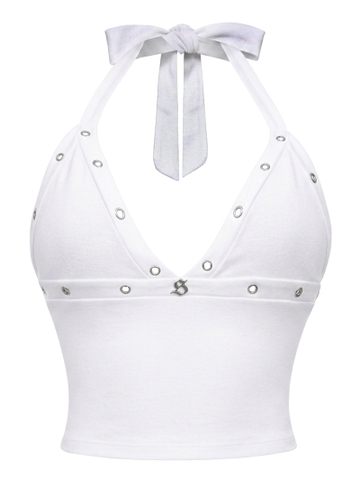 SISTERS Áo croptop cổ yếm hở lưng đính mắt cáo Jolene - Trắng