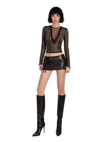 SISTERS Áo xuyên thấu đan dây ngực Linen - Đen ánh kim