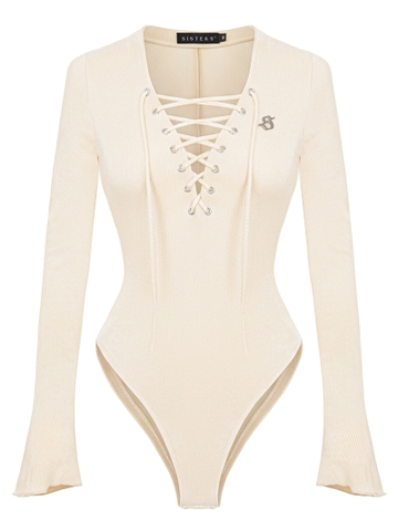 SISTERS Bodysuit xẻ cổ đan dây ngực Dionysus - Kem