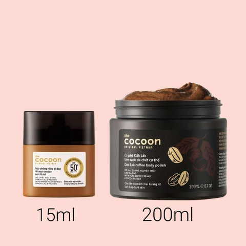 Combo Cocoon Sữa Chống Nắng 15ml và Tẩy Tế Bào Chết Toàn Thân Cà Phê 200ml
