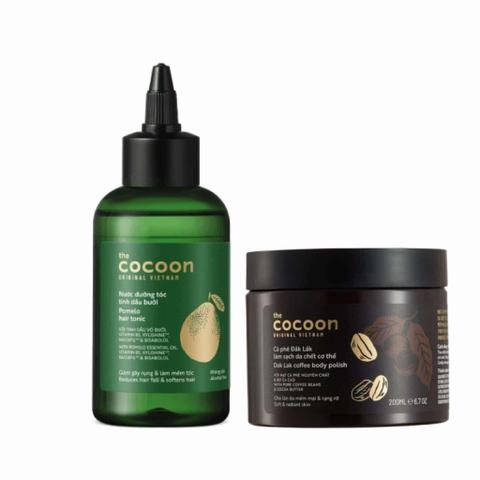 Combo Cocoon nước dưỡng tóc bưởi 140ml và tẩy da chết toàn thân cà phê 200ml