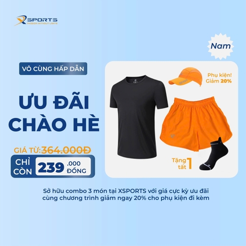 COMBO XSPOSTS 12: ÁO T SHIRT ĐEN + QUẦN MỘT LỚP CAM (TẶNG TẤT CHẠY BỘ)