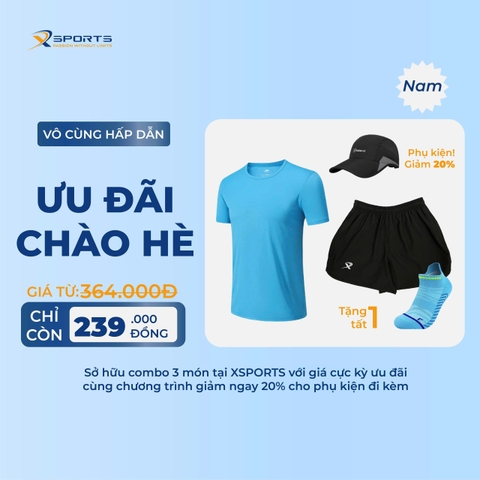 COMBO XSPOSTS 19: ÁO T SHIRT XANH DƯƠNG + QUẦN MỘT LỚP ĐEN (TẶNG TẤT CHẠY BỘ)