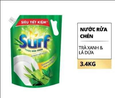 Nước rửa chén Surf hương trà xanh lá dứa túi 3.4kg