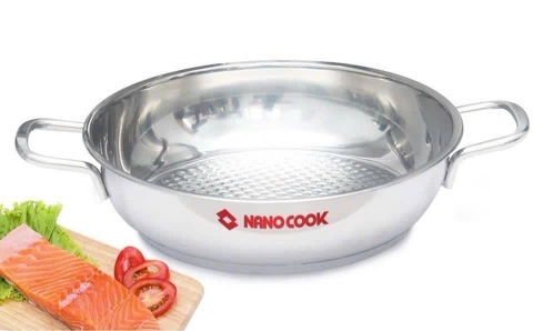 Chảo lẩu inox hai quai 3 đáy+ nắp kính, lòng trong inox Nanocook