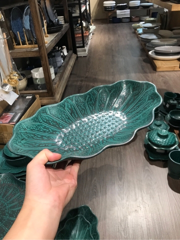 Dĩa Oval dúng cánh sen 40x21.5cm xanh Thiên Phúc