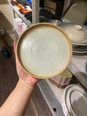 Dĩa tròn vành đứng 16cm xanh ngọc matte viền nâu (HĐ)