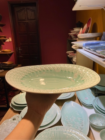 Đĩa oval sâu 12inch xanh khảm