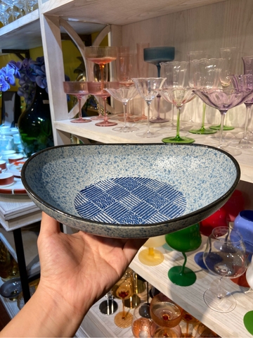 Đĩa oval sâu 22cm xanh kẻ viền đen