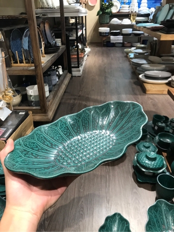 Dĩa Oval dúng cánh sen 33.5x18cm xanh Thiên Phúc