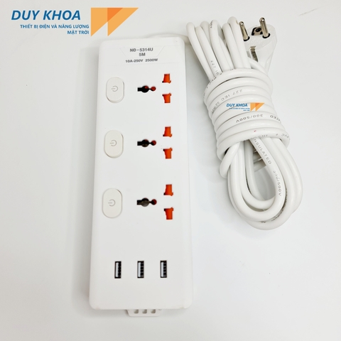 Ổ cắm điện 3 lỗ có màng che + 3 công tắc + 3 Lỗ USB đa năng Dây 5m + Rờ le chống quá tải 10A