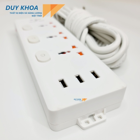 Ổ cắm điện 3 lỗ có màng che + 3 công tắc + 3 Lỗ USB đa năng Dây 5m + Rờ le chống quá tải 10A
