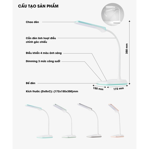 Đèn bàn Rạng Đông, RD-RL-36 Nút cảm ứng 3 chế độ sáng, 4 chế độ màu, Bảo vệ thị lực