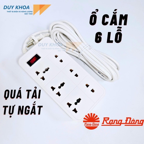 Ổ cắm điện 6 lỗ Rạng Đông Công tắc kết hợp Rờ le tự động ngắt điện khi quá tải 2500W - Vỏ nhựa ABS chống vỡ chống cháy OC06V2