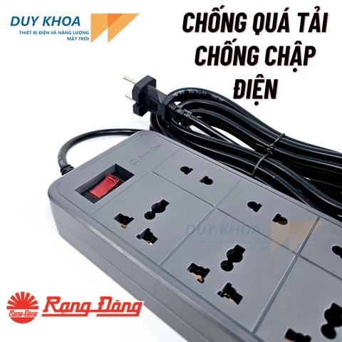 Ổ cắm điện 6 lỗ Rạng Đông màu Xám Công tắc kết hợp Rờ le tự động ngắt điện khi quá tải 2500W - OC06V2