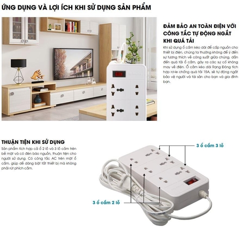 Ổ cắm điện 6 lỗ Rạng Đông Công tắc kết hợp Rờ le tự động ngắt điện khi quá tải 2500W - Vỏ nhựa ABS chống vỡ chống cháy OC06V2