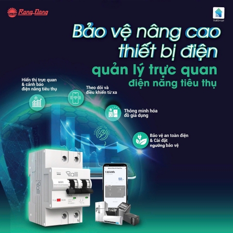 Aptomat WIFI 63A Thông minh Rạng Đông - Điều khiển tắt mở qua điện thoại, theo dõi công suất điện qua điện thoại aptomat  điều từ xa