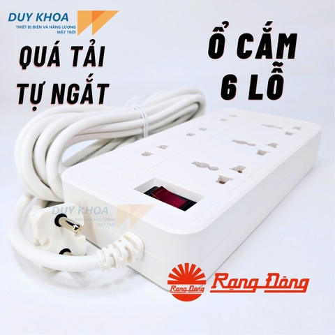 Ổ cắm điện 6 lỗ Rạng Đông Công tắc kết hợp Rờ le tự động ngắt điện khi quá tải 2500W - Vỏ nhựa ABS chống vỡ chống cháy OC06V2