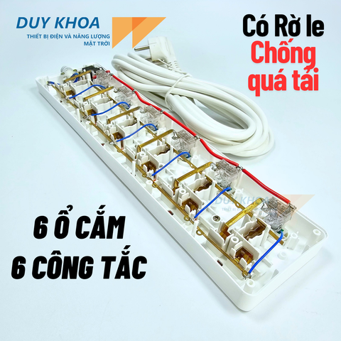 Ổ cắm điện 6 lỗ cắm 6 công tăc riêng biệt Rờ le chống quá tải 10A HNOKI