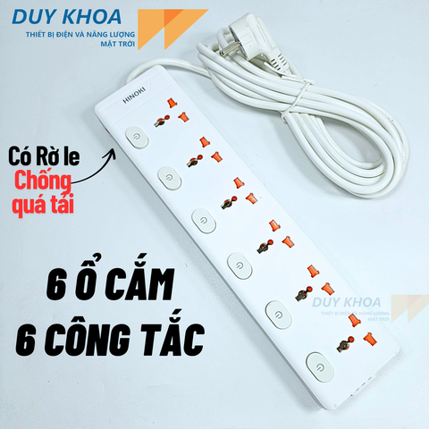 Ổ cắm điện 6 lỗ cắm 6 công tăc riêng biệt Rờ le chống quá tải 10A HNOKI