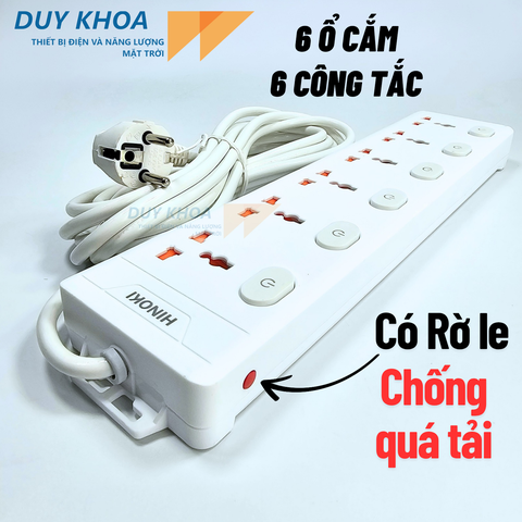 Ổ cắm điện 6 lỗ cắm 6 công tăc riêng biệt Rờ le chống quá tải 10A HNOKI