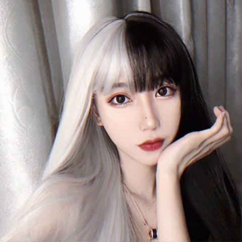 [TS59] Tóc Giả Thẳng Dài 2 Màu Trắng Đen, 2 light âm dương