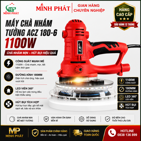 Máy Chà Tường Sơn Nước ACZ 180-6 1100W 180mm Chà Nhám Hút Bụi Tường Có Đèn Led Minh Phát