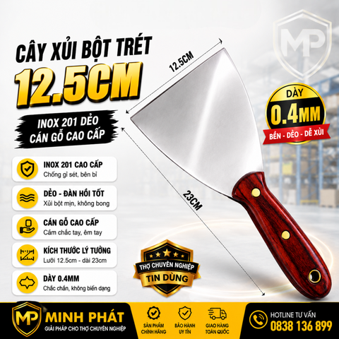 Cây Xủi Bột Trét 12.5cm Inox 201 Dẻo Cán Gỗ Cao Cấp Minh Phát