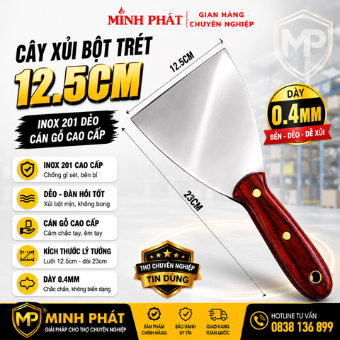 Cây Xủi Bột Trét 12.5cm Inox 201 Dẻo Cán Gỗ Cao Cấp Minh Phát