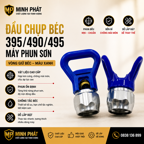 🎨 Đầu Chụp Béc Phun Sơn 395 490 495 Minh Phát Màu Xanh Vòng Giữ Béc Máy Phun Cao Áp