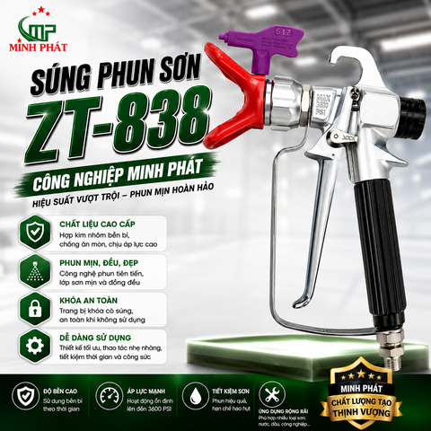 Súng Phun Sơn Công Nghiệp Minh Phát Tay Cầm Đen ZT-838, Súng Phun Sơn Nước Không Khí Kèm Béc Phun 517