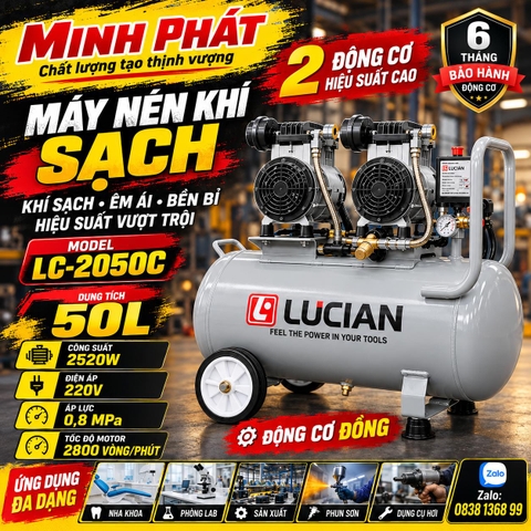 Máy Nén Khí Sạch Lucian LC-2050C 50L 2 Động Cơ Đồng 2520W