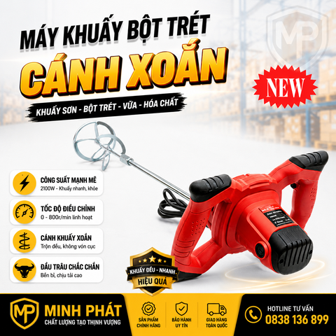 Máy Khuấy Bột Trét Cánh Xoắn - Khuấy Sơn Minh Phát 2100w, Máy Khuấy Đa Năng Đầu Trâu